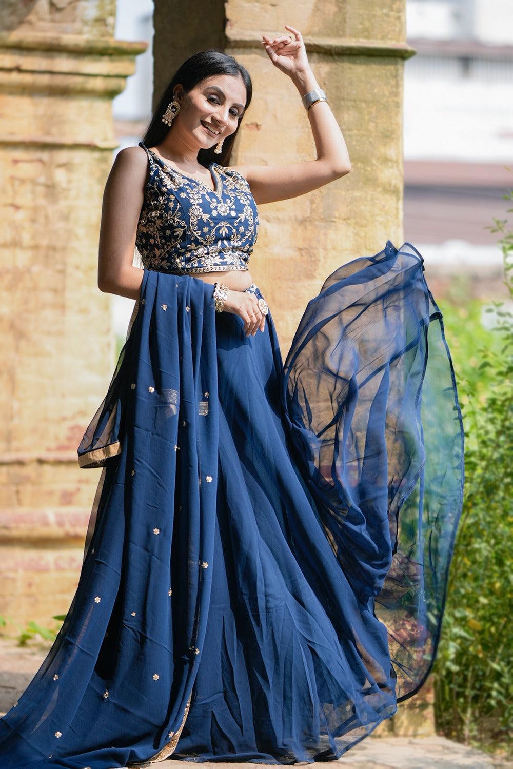 Navy Blue Georgette Sequins Thread Embroidered Lehenga Choli Cheap Sale Cheapest