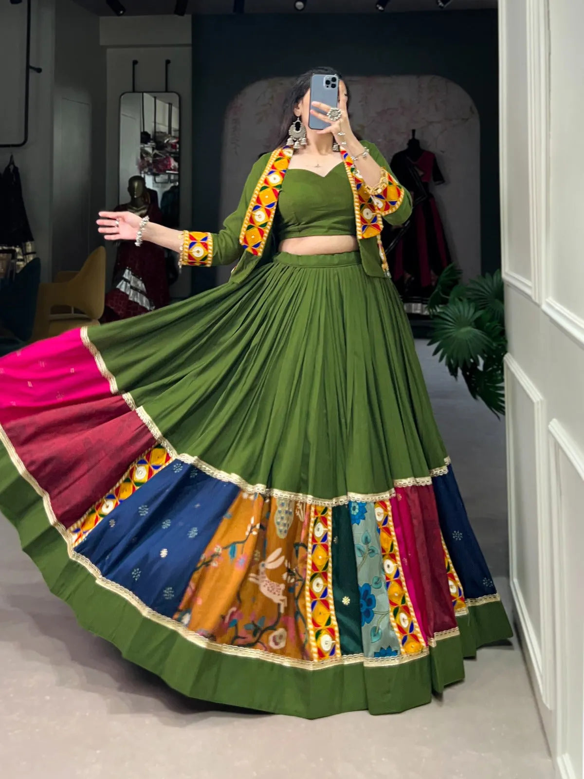 Vibrant and Mesmerizing Mahendi Green Navratri Rayon Lehenga Choli Top Quality For Sale