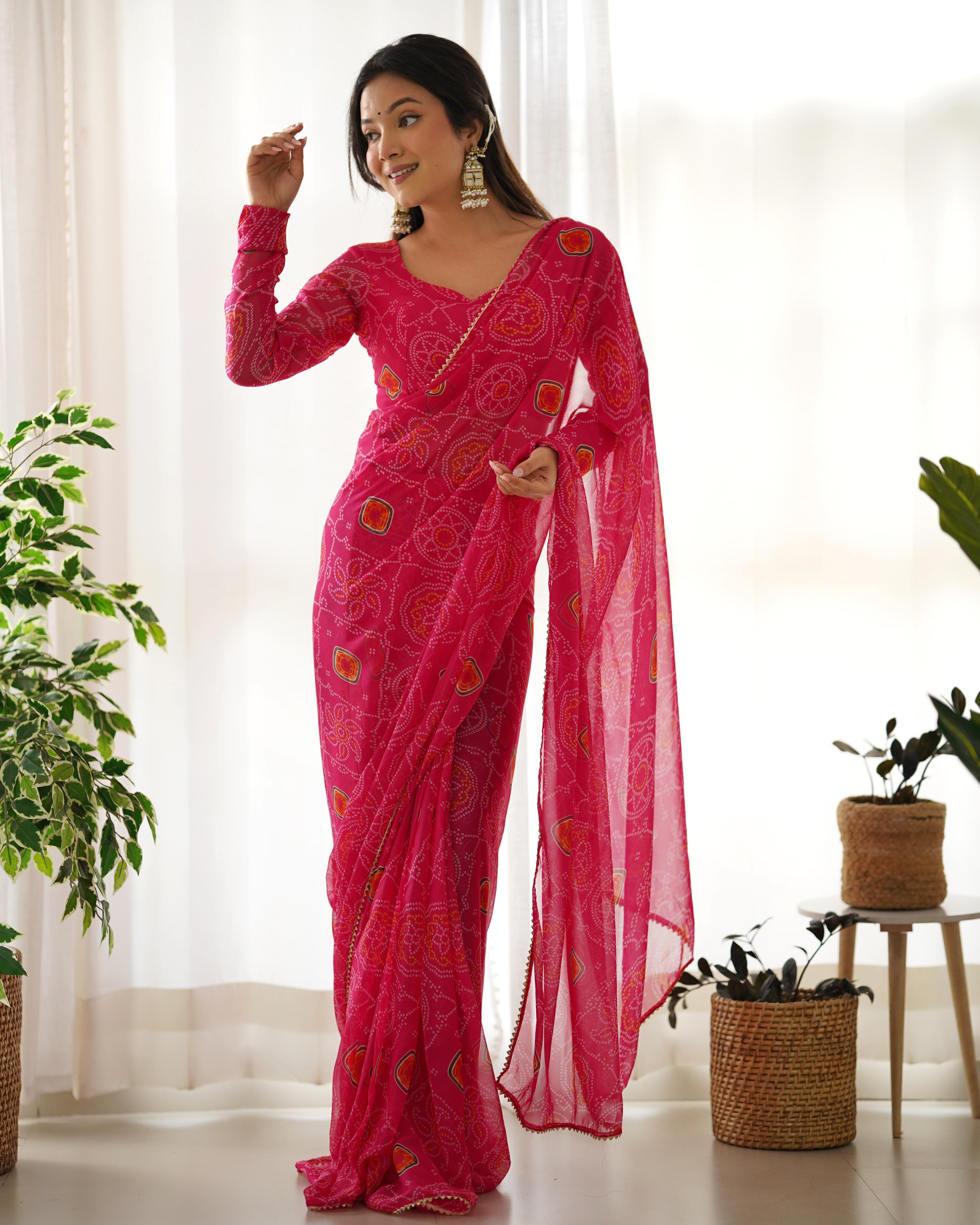 Pink chiffon bandhani Printed Ready to wear saree Outlet Pay With Paypal