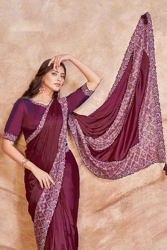 Elegant Wine Satin Crepe Silk Embroidered Ready To Wear Saree Get To Buy Cheap Pice