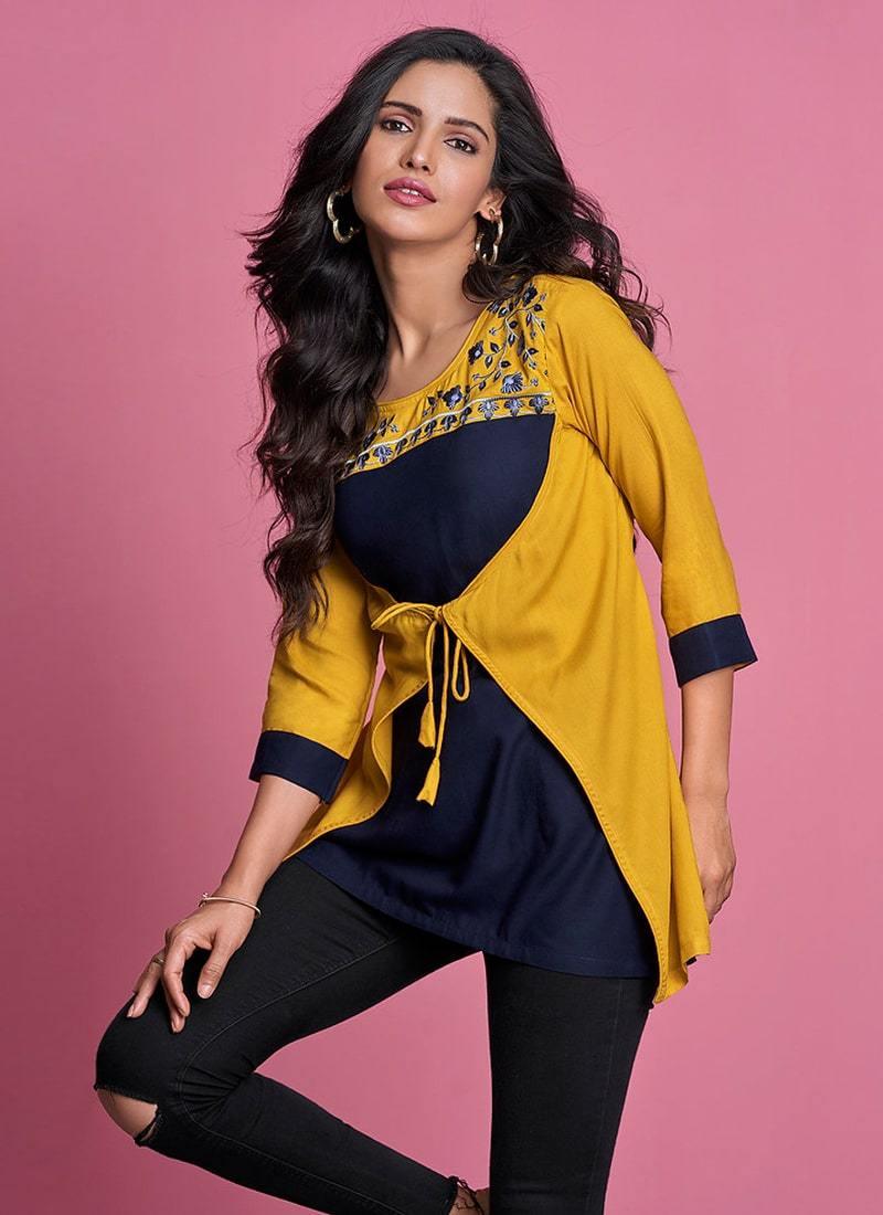 Yellow And Navy Blue Color 3/4th Sleeves Simple Short Kurti Outlet For Nice