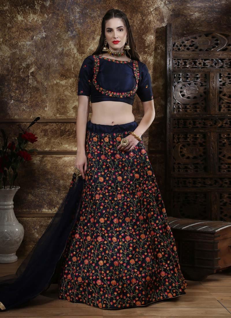 Heavy Resham Work Navy Blue Color Taffeta Silk Base Lehenga Choli Sale Sast