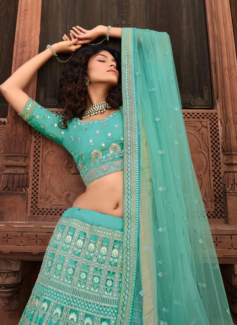 Elegant Zari And Sequins Work Turquoise Color Organza Base Lehenga Choli Cheap Wholesale