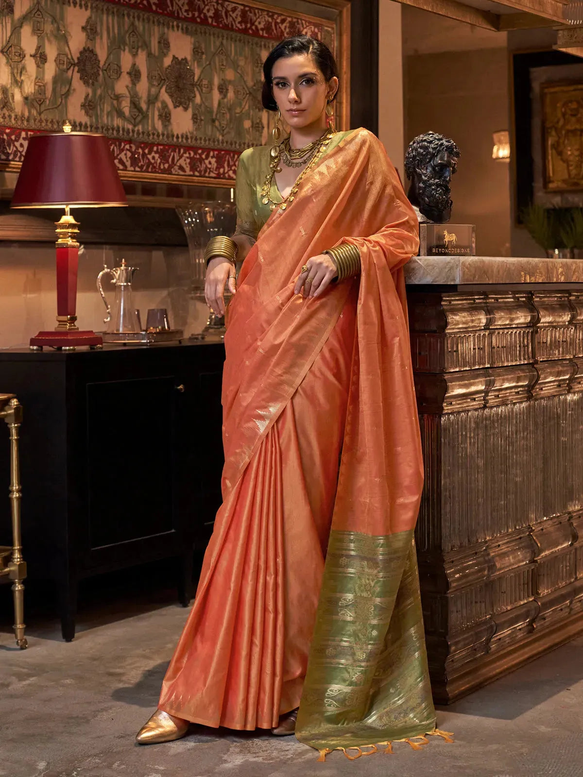 Pristine Peach Tussar Silk Handloomed Saree Outlet Fashion Style