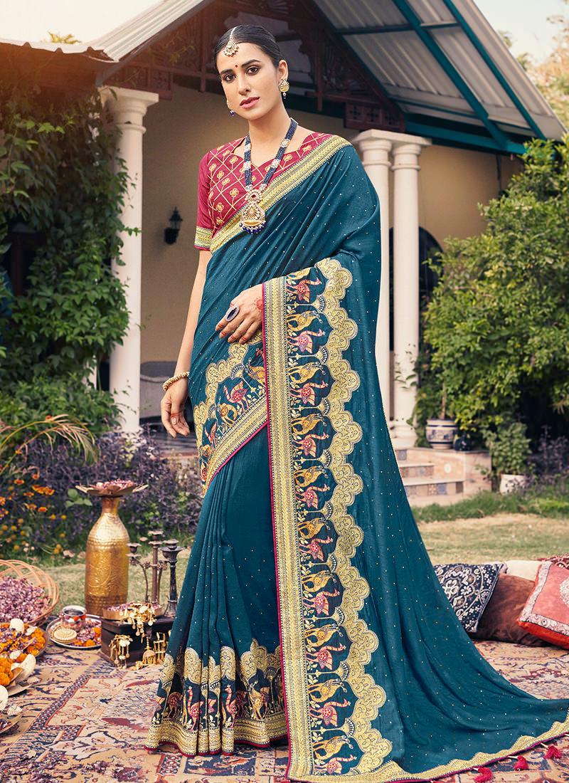 Teal Blue Embroidered Traditional Saree Clearance Discounts