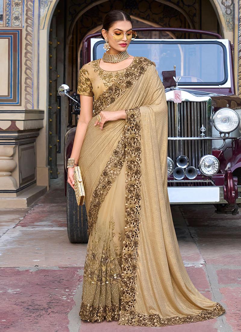 Sequins And Flower Embellished Chiku Brown Saree Outlet Best Pices