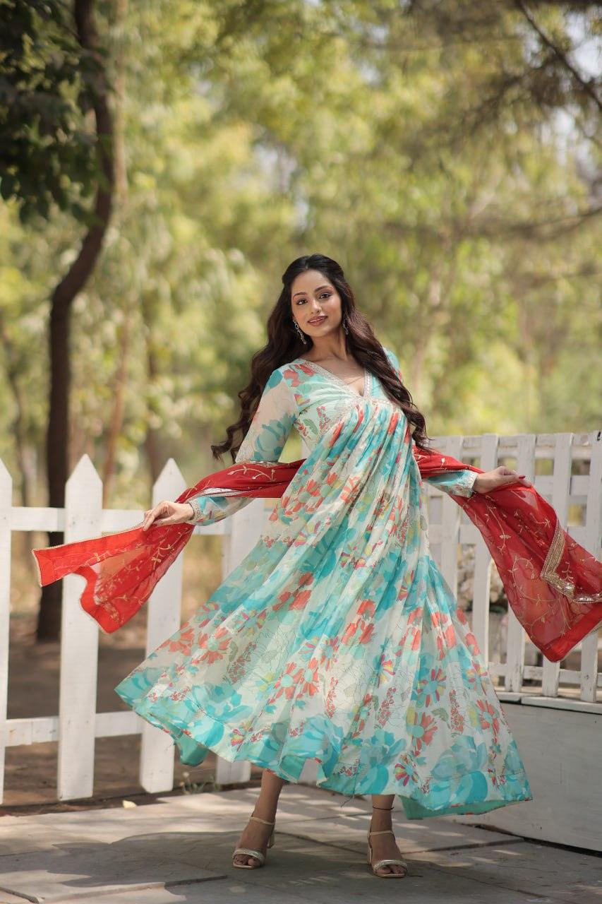 Amazing Russian Silk Floral Digital Printed Gown With Dupatta View For Sale