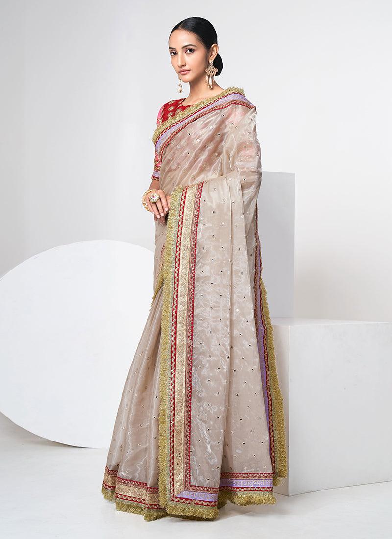 Organza Cream Saree With Heavy Blouse Outlet Cheap