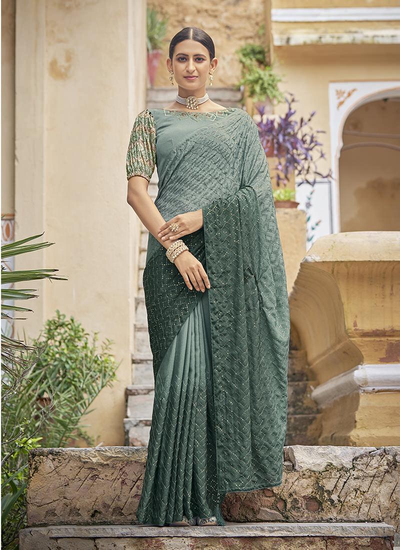 Embroidered Chinon Green Saree Discount Best Store To Get