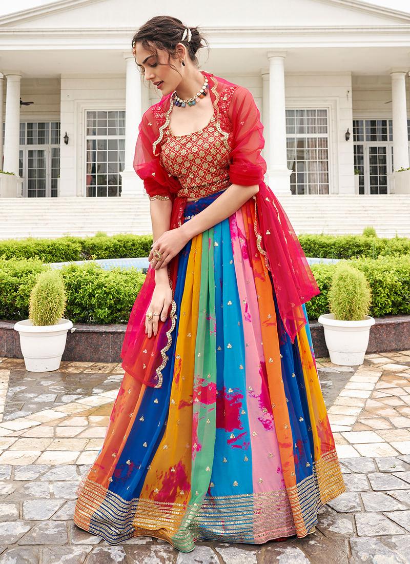 Multi-Color Tie And Dye Printed Flared Lehenga Visa Payment For Sale