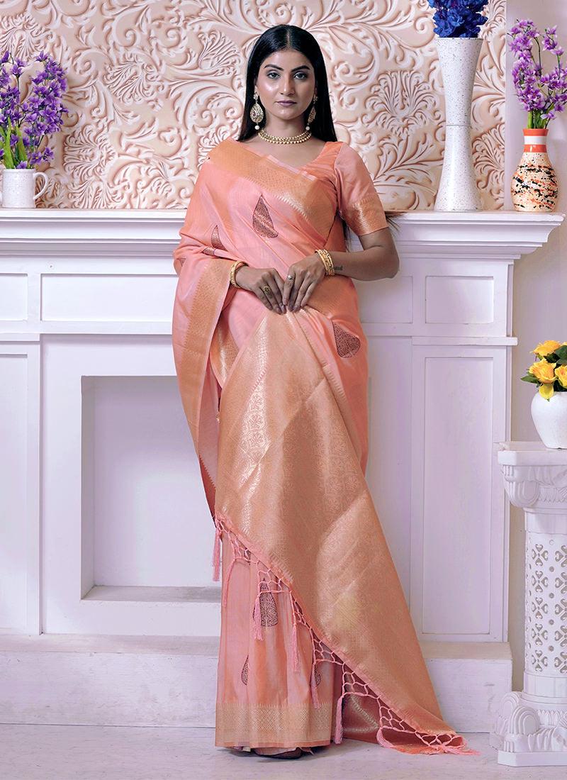 Pink Color Leaves Print Silk Saree 2025 Unisex Cheap Pice