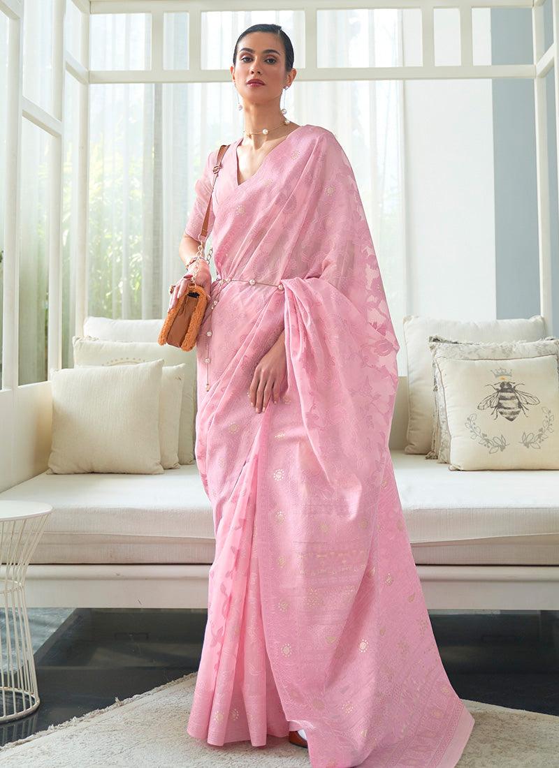 Silk Base Low Cut Neck Baby Pink Saree Cheap Sale Store