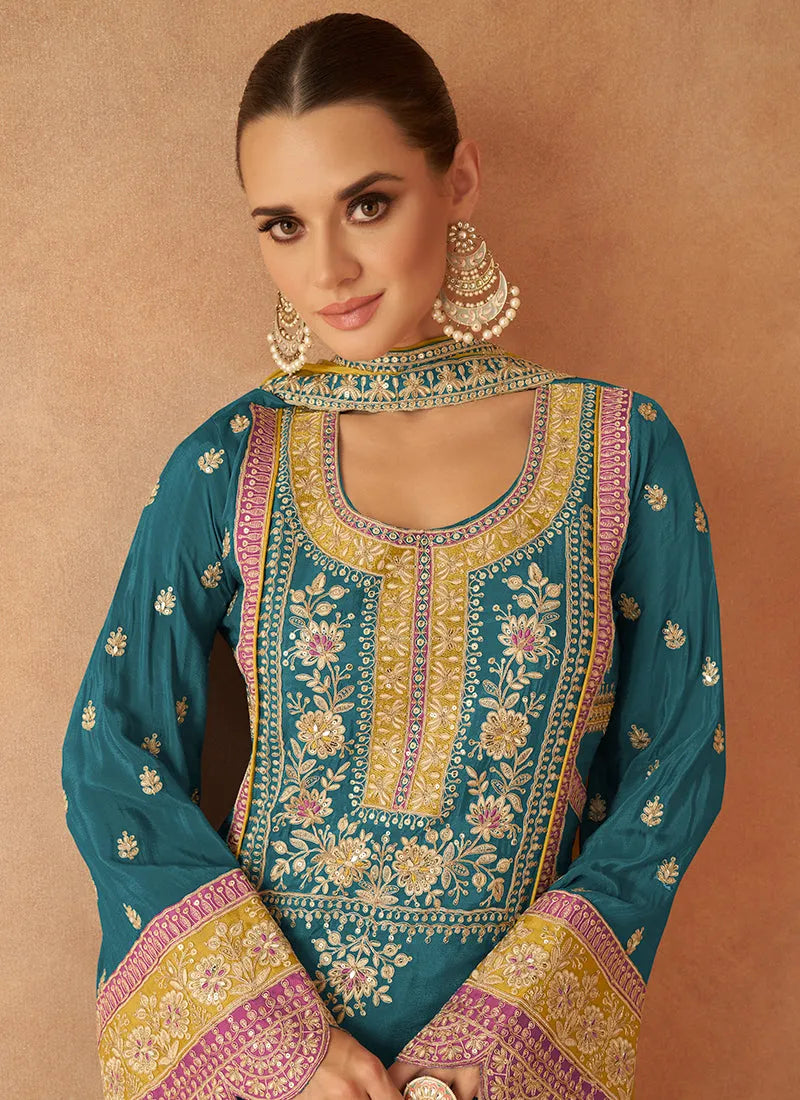 Luxurious and Classic Pure Chinon Embroidered Palazzo Suit Clearance With Credit Card