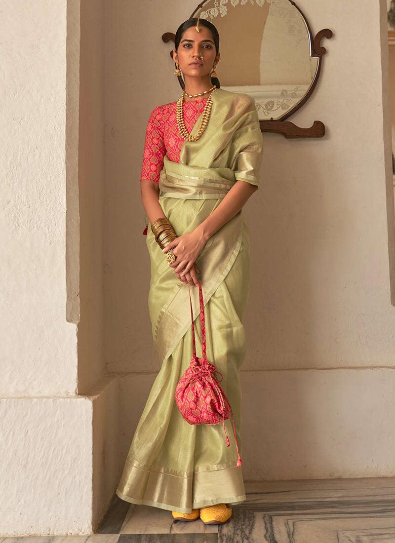 Green Organza Saree With Contrast Blouse Outlet Locations For Sale