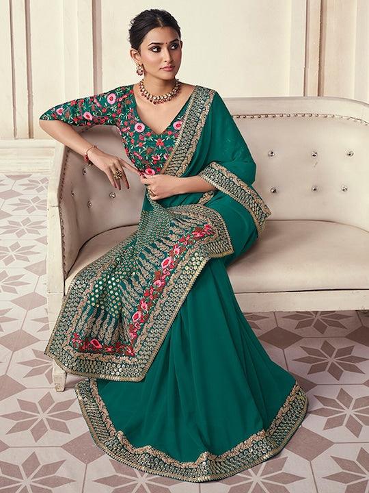 Green color Organza Embroidered Designer Saree Cheap Get To Buy