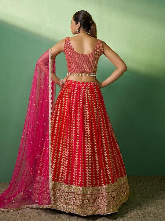 Red Georgette Sequinned and Embroidered Lehenga choli Free Shipping With Mastercard