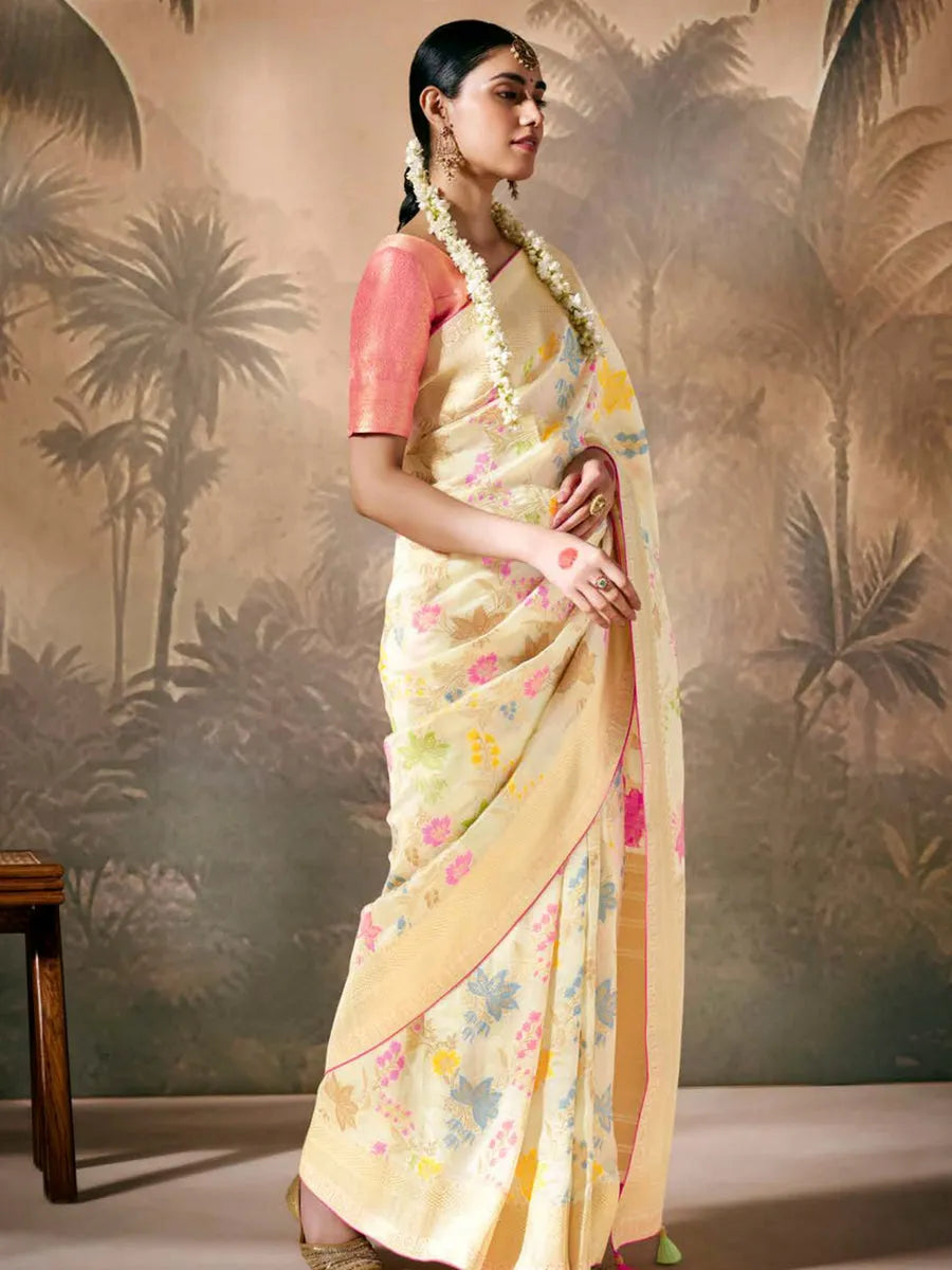 Superb Off-White Paithani Banarasi Silk Saree with Floral Motifs Sale Low Shipping Fee