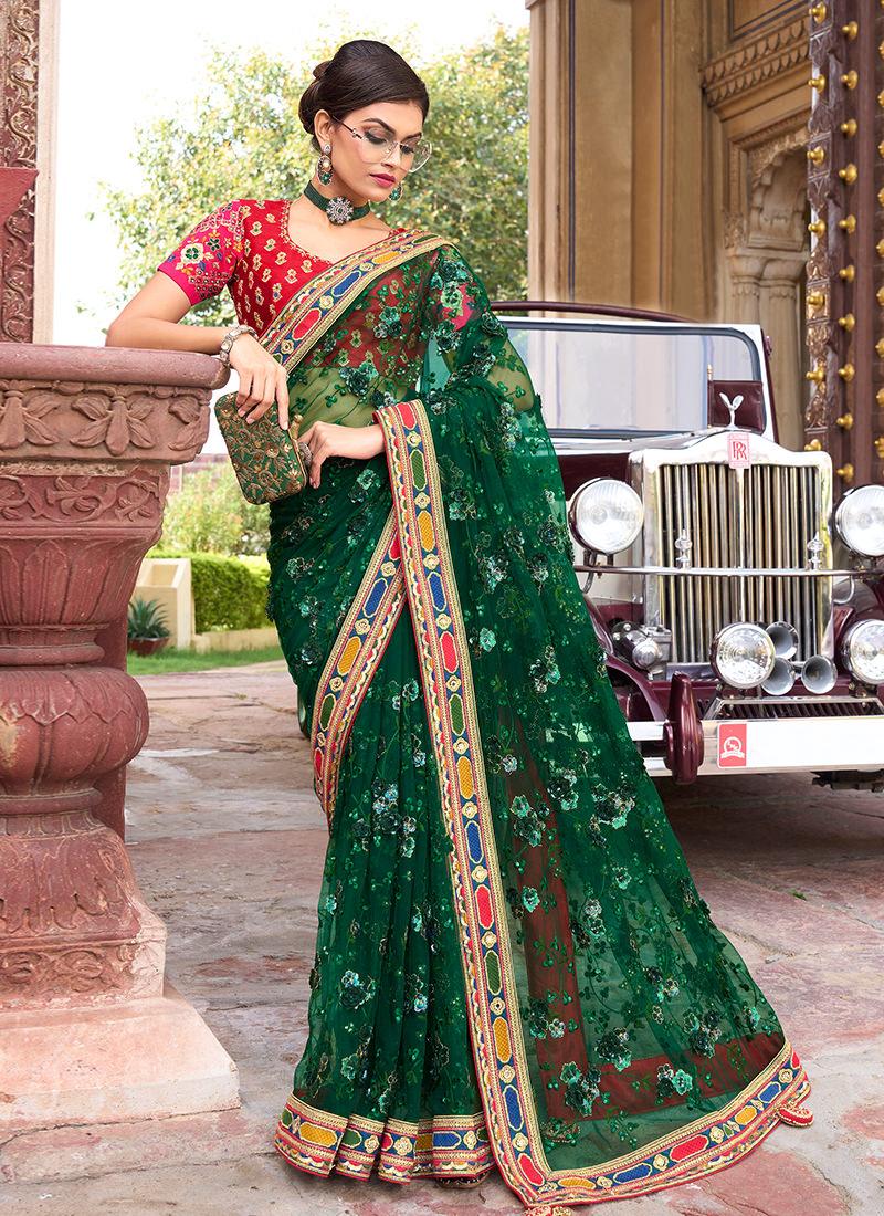 Mirror And Flower Embellished Green Net Saree High Quality Buy Online