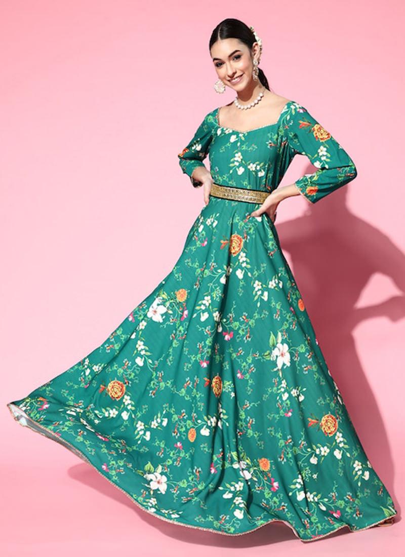 Teal Green Floral Anarakali With Belt Free Shipping Good Selling