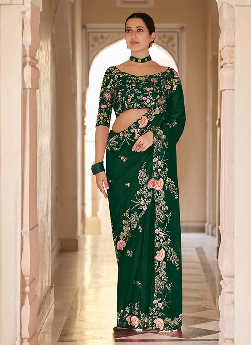 Eye-Catching Green Color Organza Base Heavy Worked Designer Saree Buy Cheap Deals