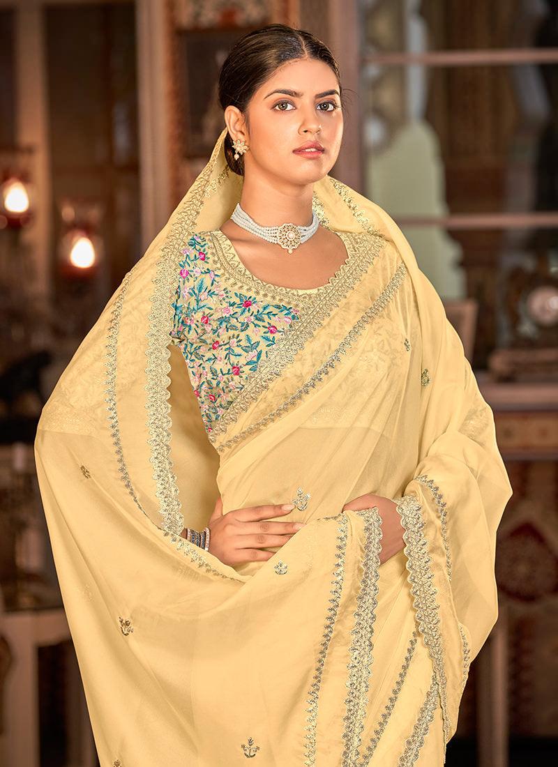 Thread Work Yellow Organza Saree Sale Cost