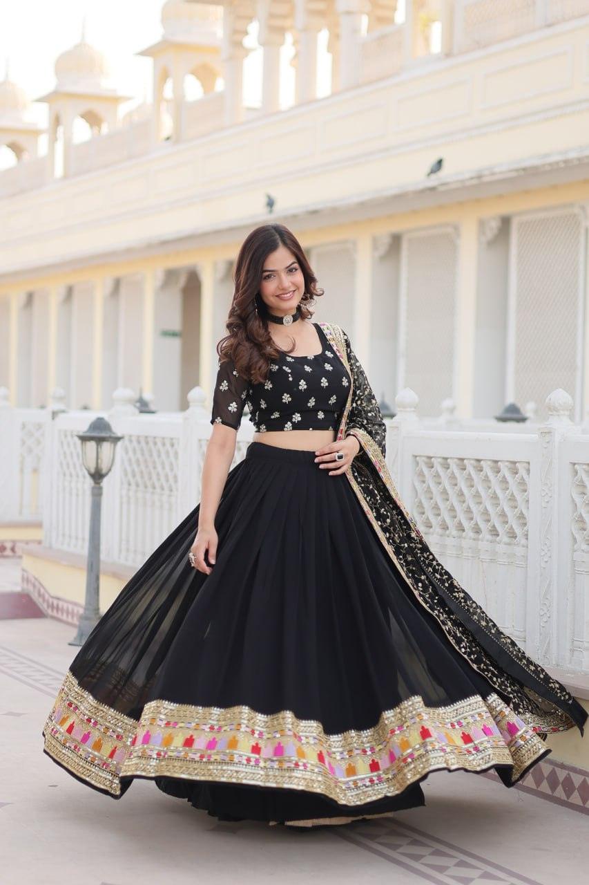 Stunning Black Faux Georgette Heavy Thread Sequins Embroidered Lehenga Choli Set Outlet Online Shop