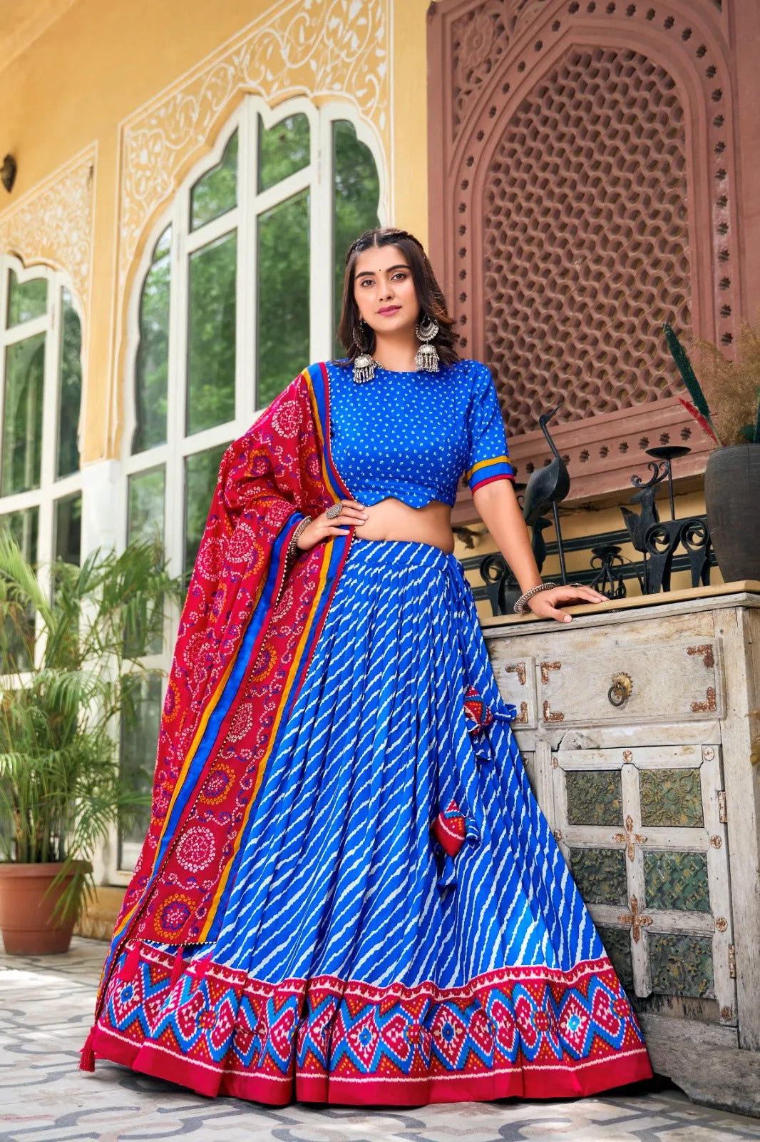 Navratri Wear Tussar Silk Leheriya Printed Lehenga Choli Set Sale Visit