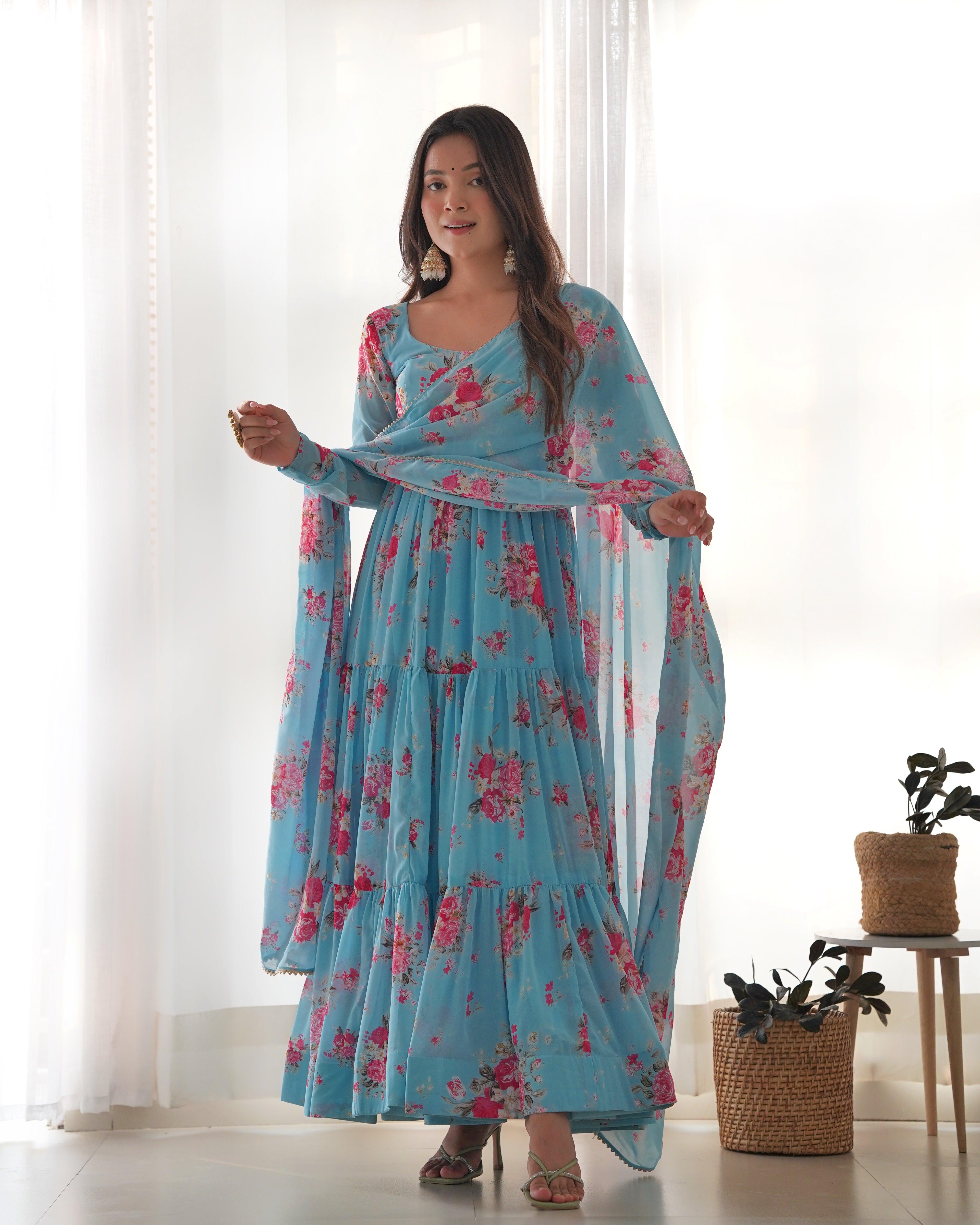 Sky Blue Pure Faux Georgette Floral Printed Ruffle Anarkali Pant Suit Cheap Sale New Arrival