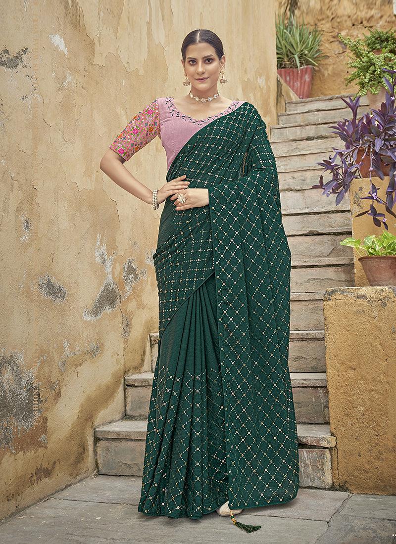 Embroidered Chinon Dark Green Saree Discount Cheapest Pice