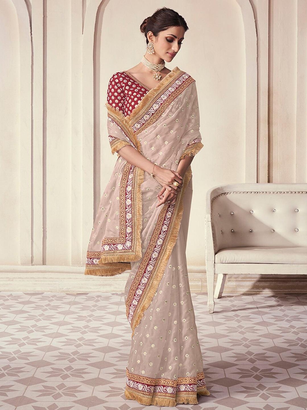 Beige color Organza Embroidered  Classic Saree Buy Online