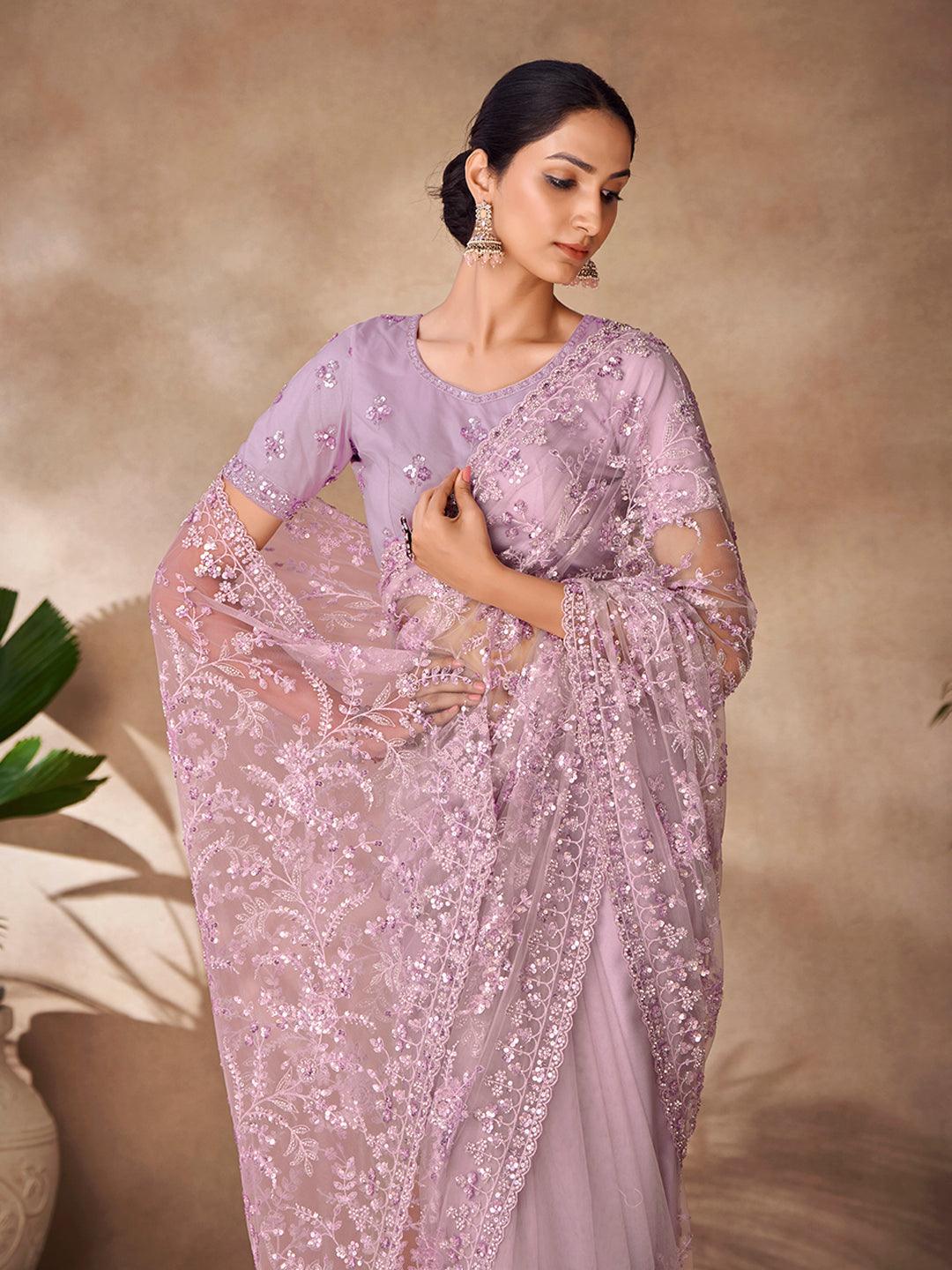 Lilac color Embroidered and zarkan work saree 2025 New Cheap Online