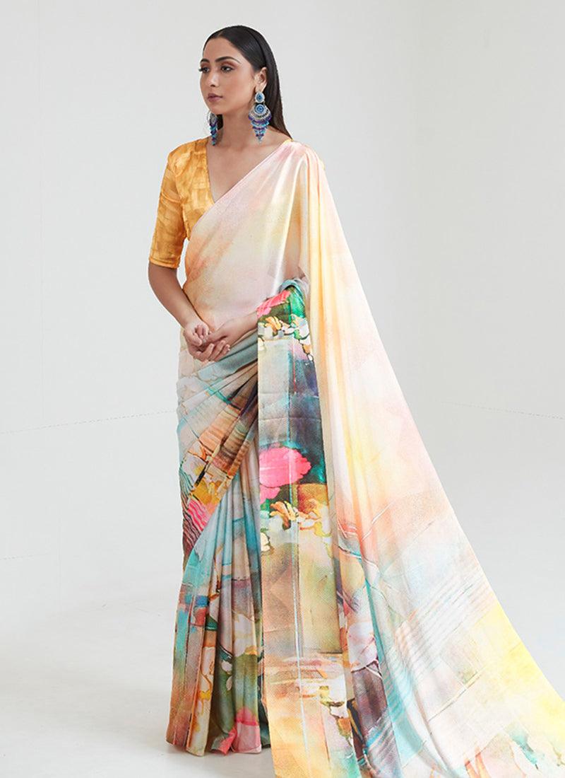 Occasion Wear Light Yellow Color Satin Fabric Printed Saree Clearance Store Cheap Online