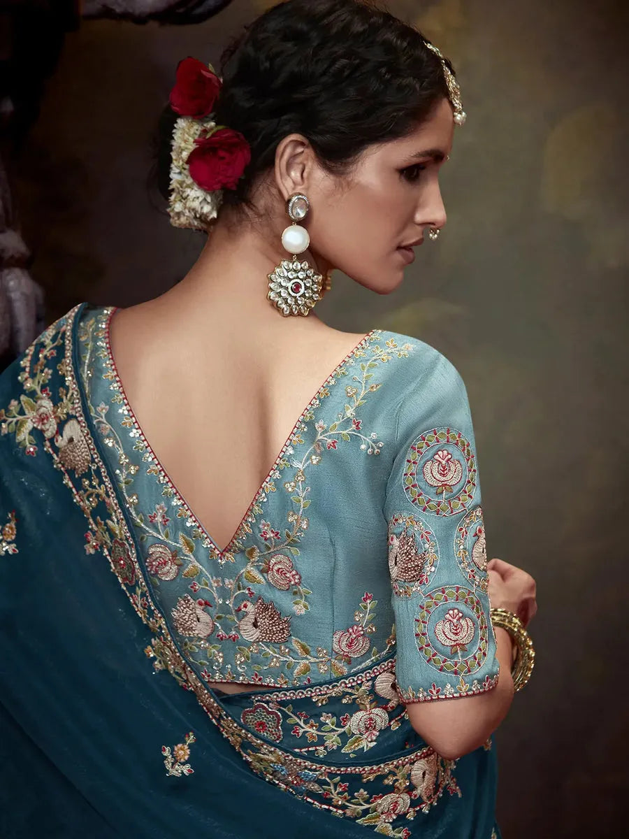 Elegant Peacock Blue Embroidered Fancy Saree Outlet Top Quality