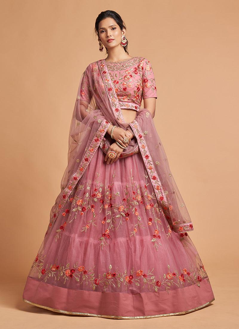 Dusty Pink Soft Net Base Heavy Embroidered Lehenga Choli With Thread Work High Quality Cheap Pice