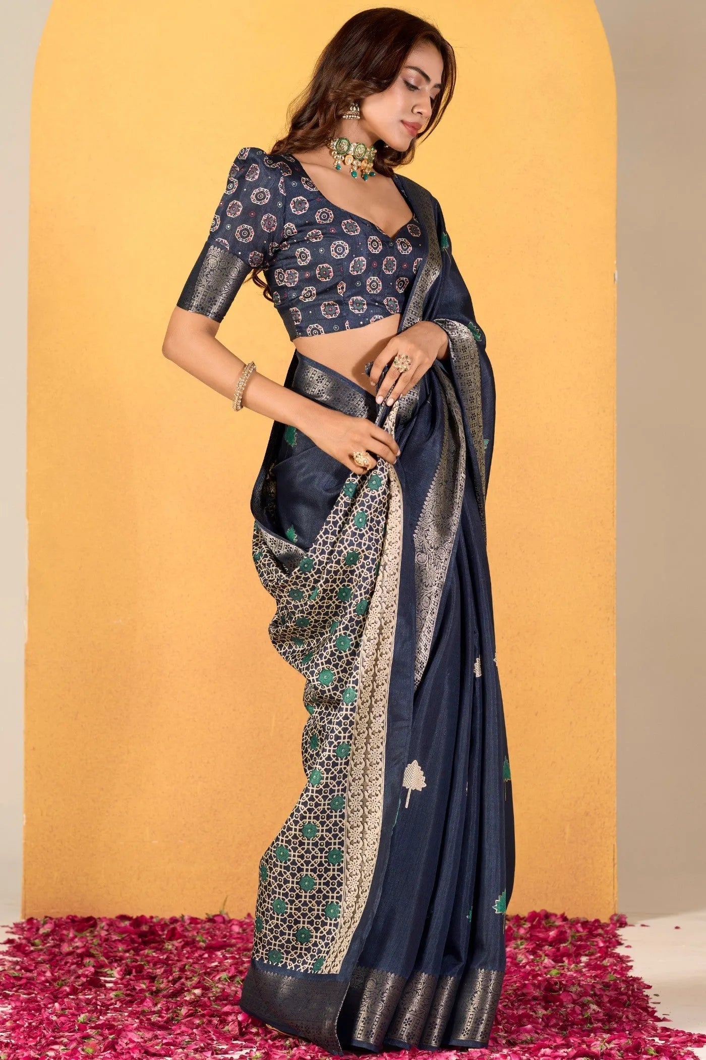 Navy Blue Soft Dola Silk Saree with Elegant Woven Detailing Discount Best Store To Get