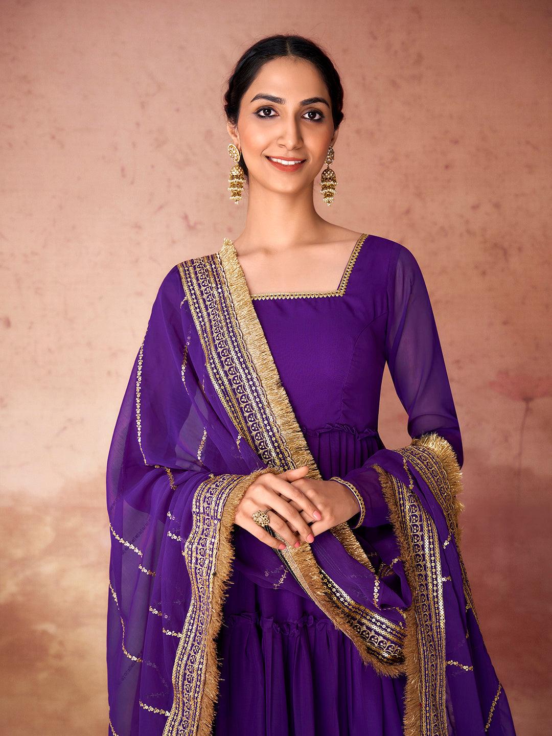 Purple Color Ruffle  Anarkali Gown with Dupatta Deals Online