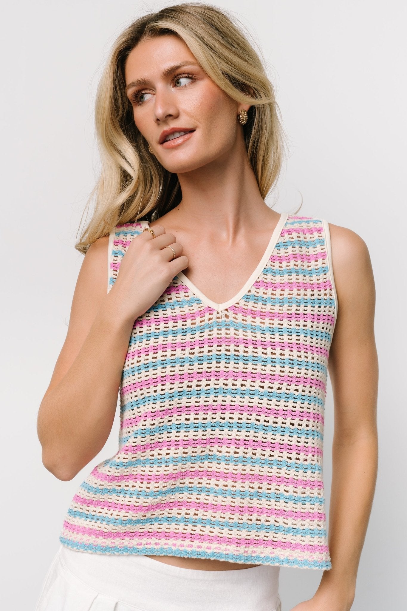 Mirella Open Knit Top | Blue + Pink Stripe Fashionable Cheap Online