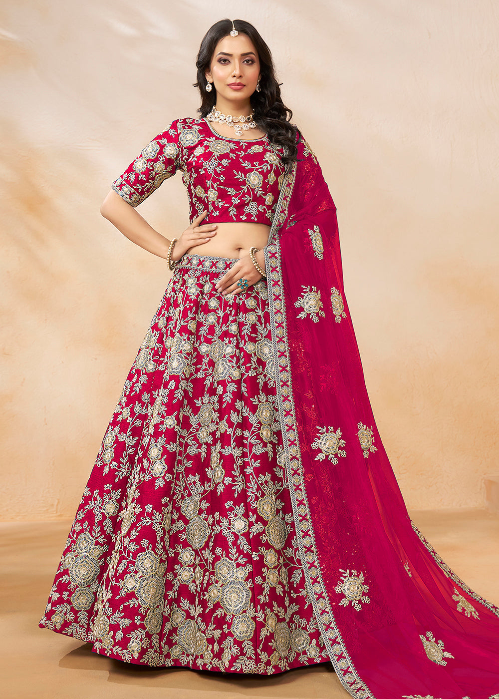 Charming and Gorgeous Pink Embroidered Art Silk Lehenga Choli Sale Fashion