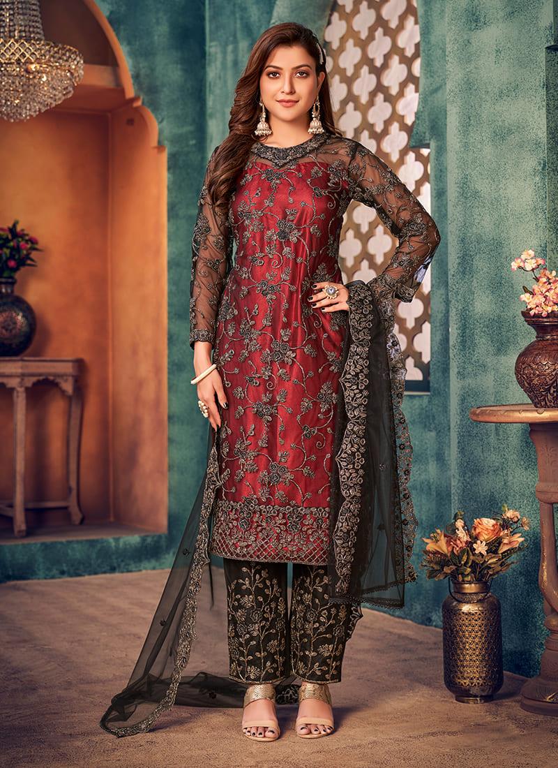 Maroon Net Embroidered Pant Style Suit Best Wholesale Cheap Pice