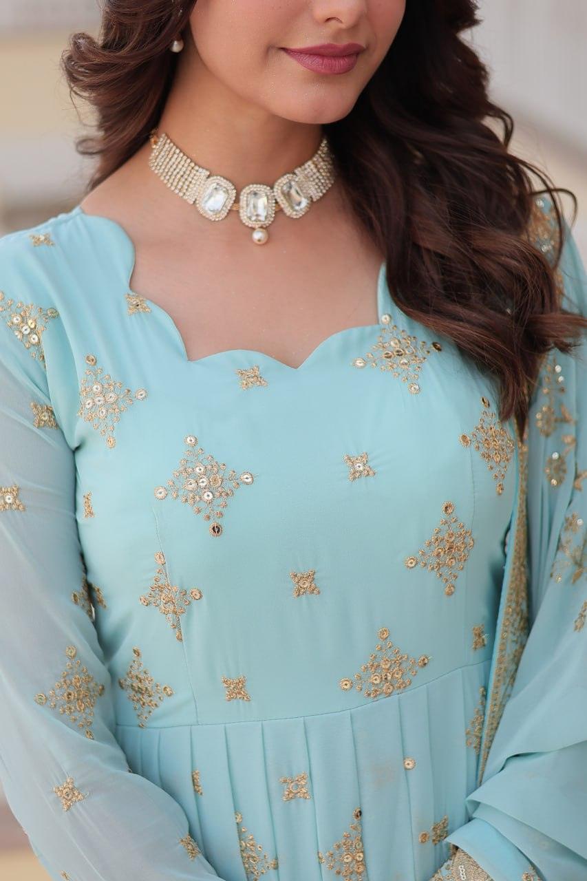 Sky Blue Georgette Gown with Dupatta Amazing Pice Cheap Online