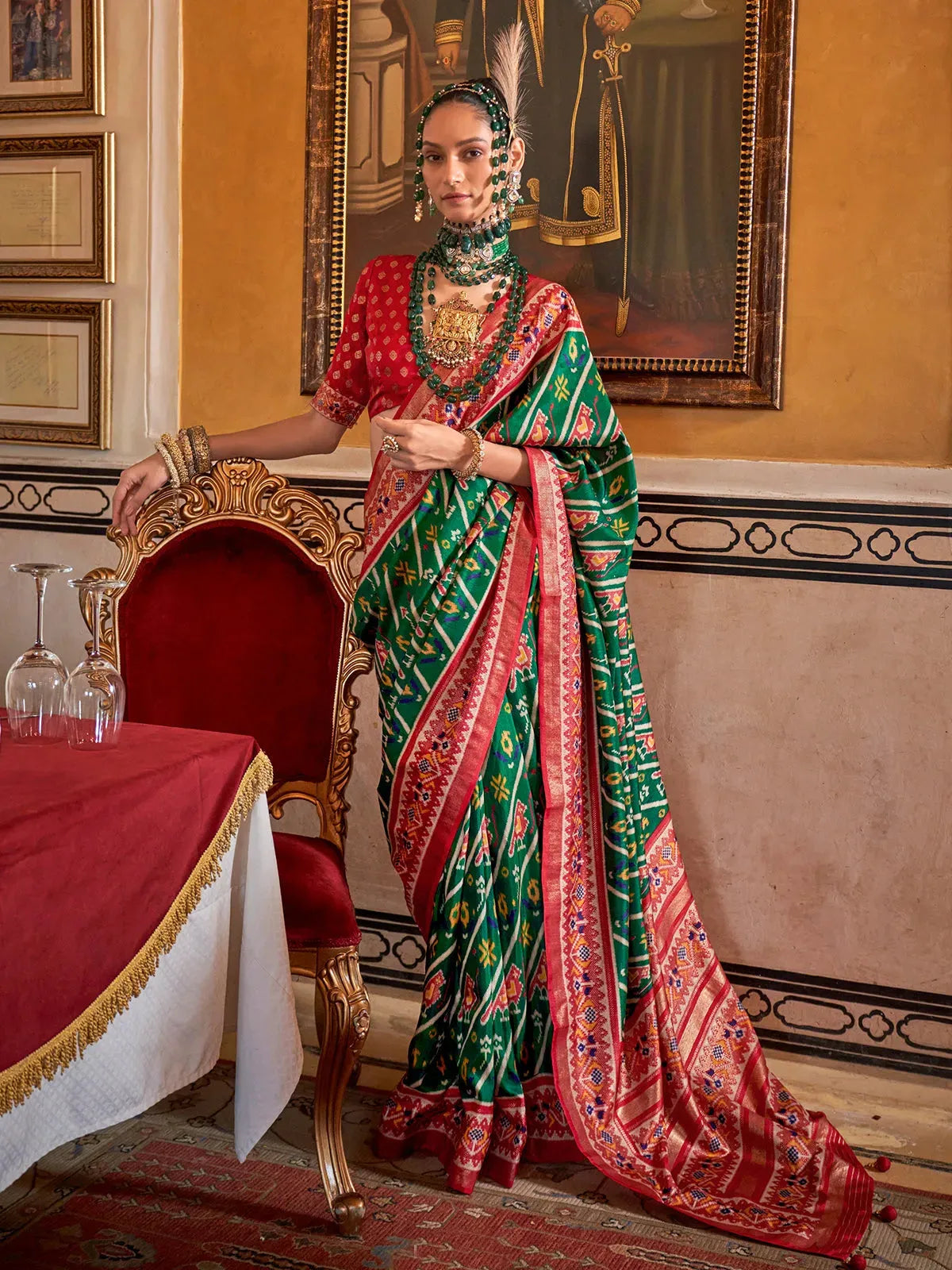 Comforting Dark Green Silk Designer Patola Saree Cheap Pice Cost