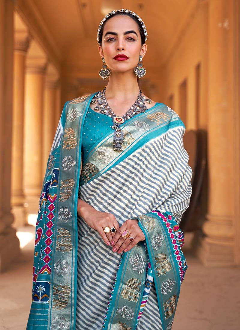 Silk Fabric Turquoise Color Patola Printed Saree With Matching Blouse Cheap Sale Purchase