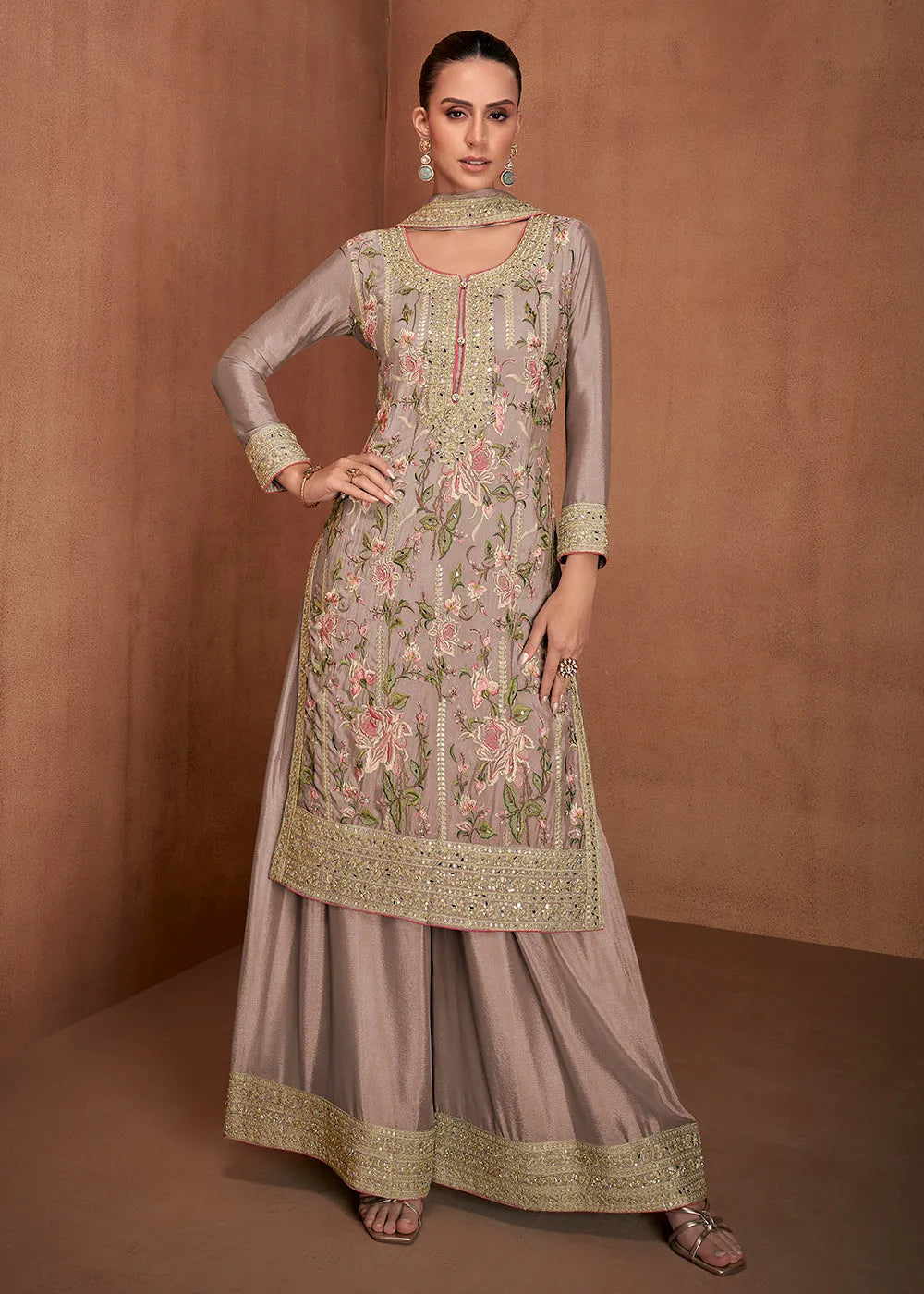 Marvelous Beige Chinon Palazzo Suit Clearance Store Cheap Online