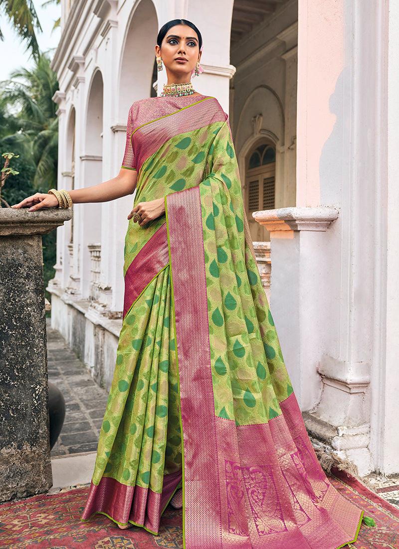 Classic Wear Printed Light Green Organza Saree Discount For Cheap