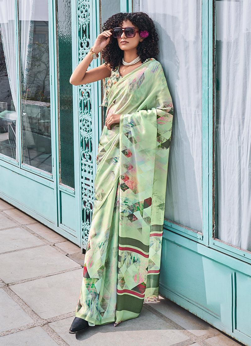 Light Green Printed Saree With Fancy Blouse 2025 Sale Online