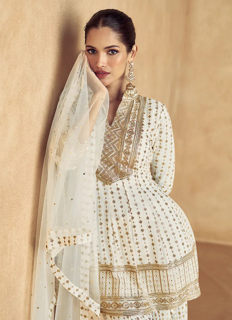 Superb Off-White Traditional Embroidered Sharara Suit Clearance Extremely