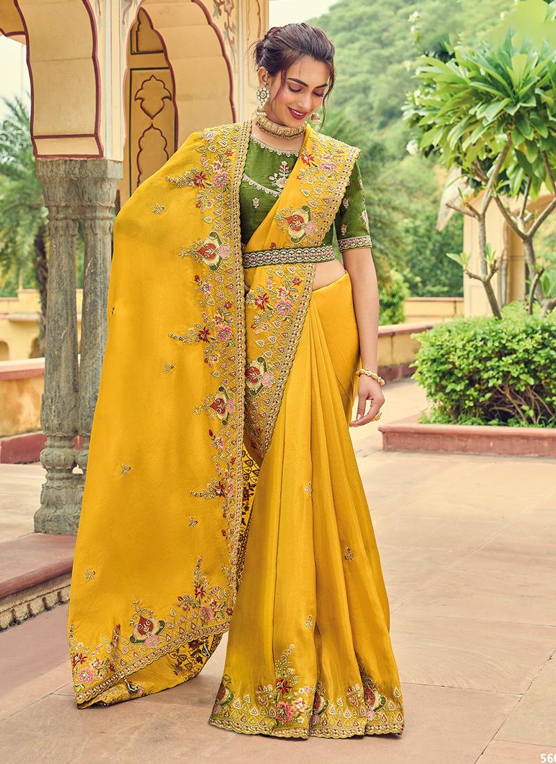 Yellow Embroidered Organza Saree Inexpensive