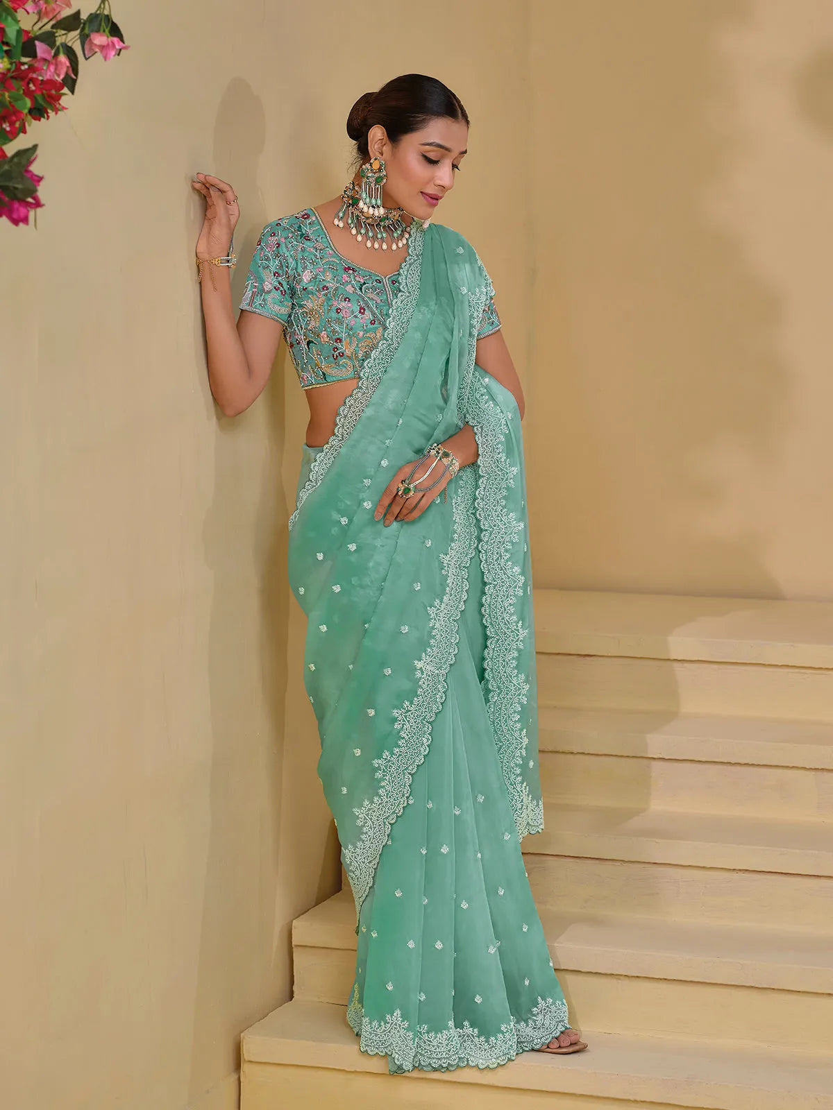 Splendid Sea Green Banarasi Silk Embroidered Saree Best Pices