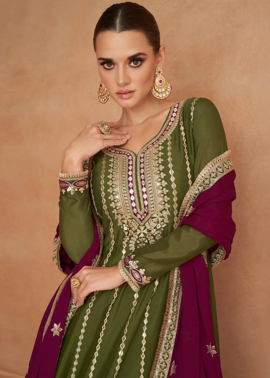 Charming and Superb Olive Chinon Embroidered Salwar Kameez Cheap Best Wholesale