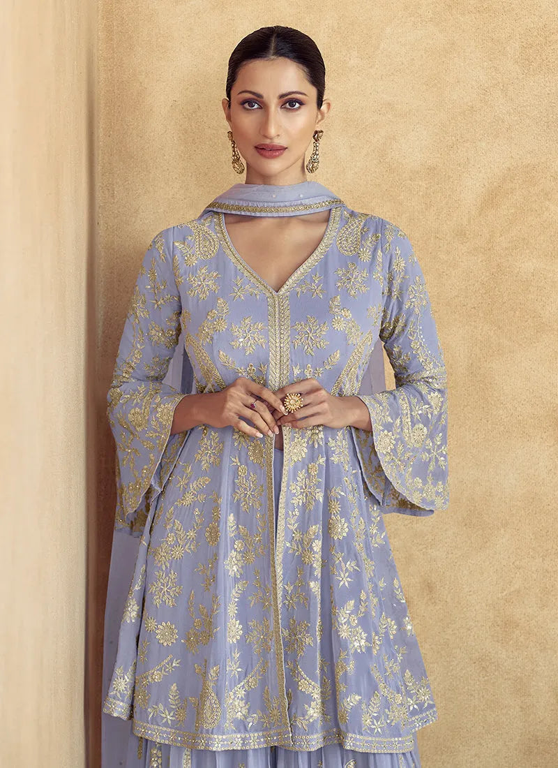 Luminous Lilac Purple Traditional Embroidered Sharara Suit In China Cheap Online